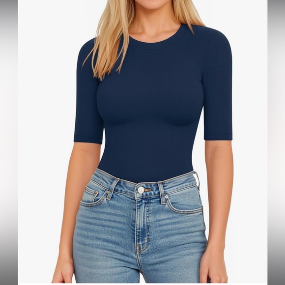 Tops - Half Sleeve Crew Neck Bodysuit 3/4 Sleeve navy slim fit brand new tummy control
